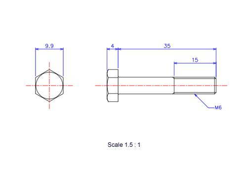 Drawing of Hexagon head ceramic screw (Hexagon bolt) M6x35L Metric.