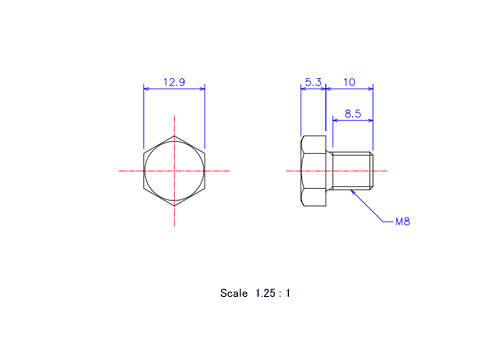 Drawing of Hexagon head ceramic screw (Hexagon bolt) M8x10L Metric.