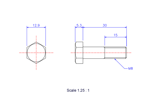 Drawing of Hexagon head ceramic screw (Hexagon bolt) M8x30L Metric.