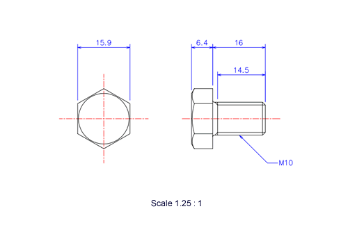 Drawing of Hexagon head ceramic screw (Hexagon bolt) M10x16L Metric.