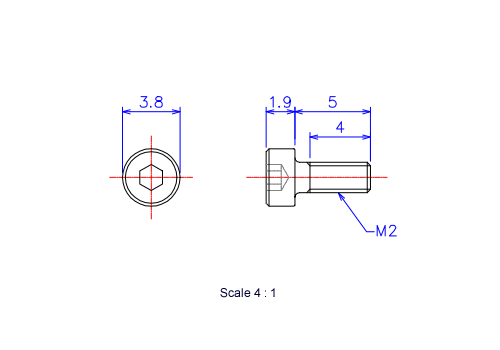 Drawing of Hexagon Socket head ceramic screw (Cap bolt) M2x5L Metric.