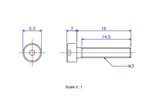 Drawing of Hexagon Socket head ceramic screw (Cap bolt) M3x16L Metric.