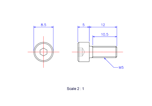 Drawing of Hexagon Socket head ceramic screw (Cap bolt) M5x12L Metric.
