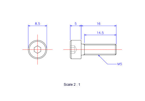 Drawing of Hexagon Socket head ceramic screw (Cap bolt) M5x16L Metric.