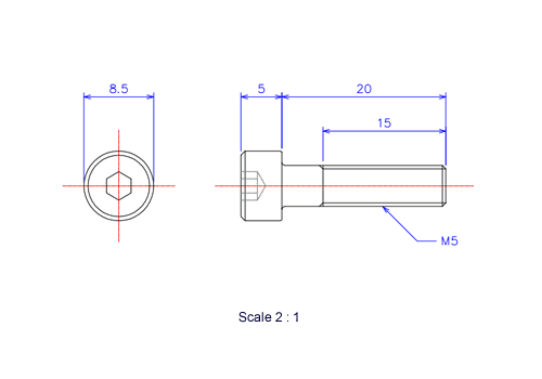 Drawing of Hexagon Socket head ceramic screw (Cap bolt) M5x20L Metric.