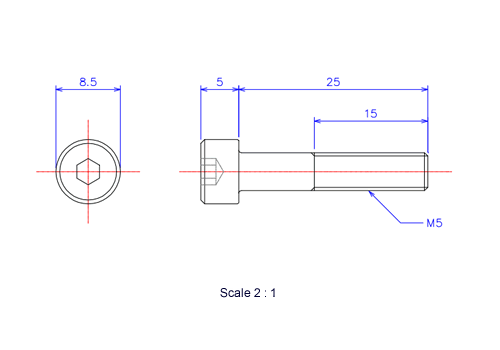 Drawing of Hexagon Socket head ceramic screw (Cap bolt) M5x25L Metric.