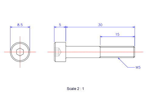 Drawing of Hexagon Socket head ceramic screw (Cap bolt) M5x30L Metric.
