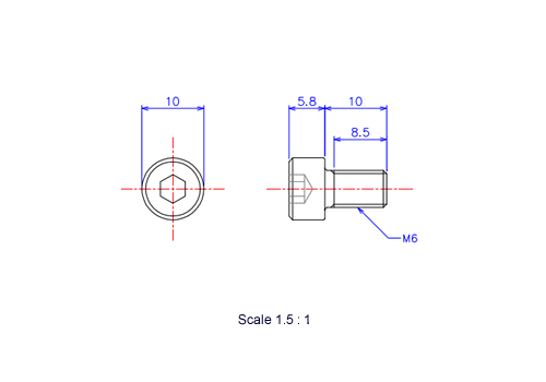 Drawing of Hexagon Socket head ceramic screw (Cap bolt) M6x10L Metric.
