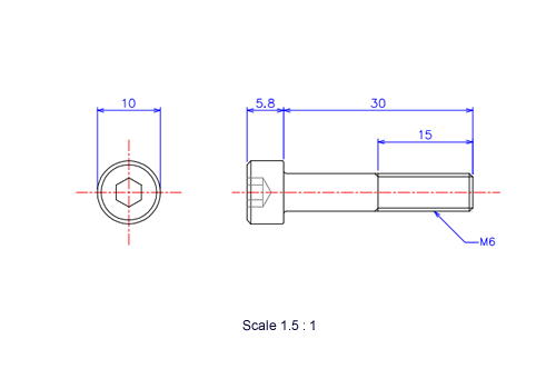 Drawing of Hexagon Socket head ceramic screw (Cap bolt) M6x30L Metric.