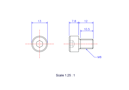Drawing of Hexagon Socket head ceramic screw (Cap bolt) M8x12L Metric.