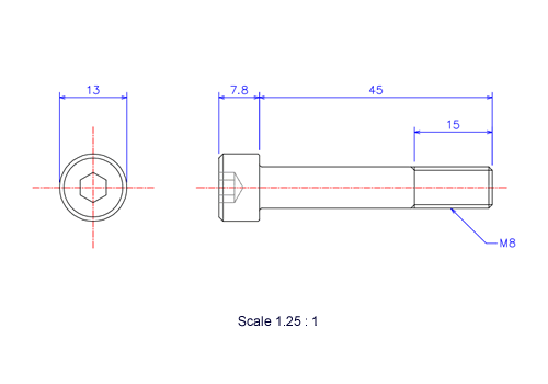 Drawing of Hexagon Socket head ceramic screw (Cap bolt) M8x45L Metric.