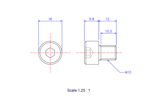 Drawing of Hexagon Socket head ceramic screw (Cap bolt) M10x12L Metric.