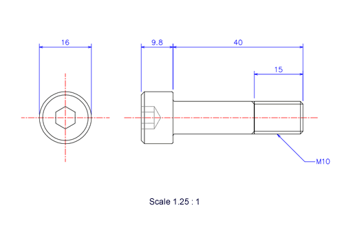 Drawing of Hexagon Socket head ceramic screw (Cap bolt) M10x40L Metric.