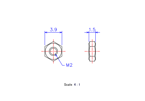 Drawing of ceramic Hexagon Nut M2x1.5t Metric.