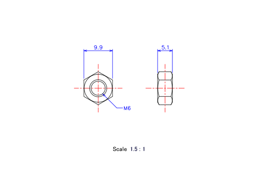 Drawing of ceramic Hexagon Nut M6x5.1t Metric.