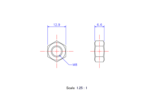 Drawing of ceramic Hexagon Nut M8x6.7t Metric.