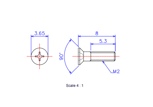 Drawing of Flat countersunk head ceramic screw M2x8L Metric.