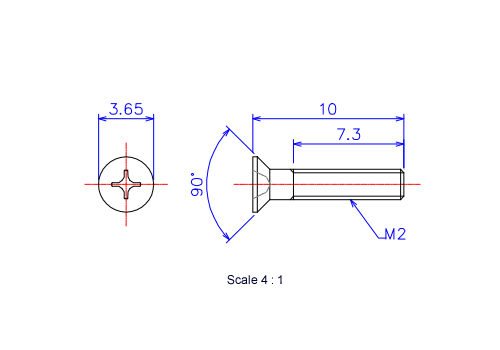 Drawing of Flat countersunk head ceramic screw M2x10L Metric.