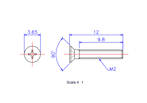 Drawing of Flat countersunk head ceramic screw M2x12L Metric.