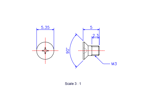Drawing of Flat countersunk head ceramic screw M3x5L Metric.