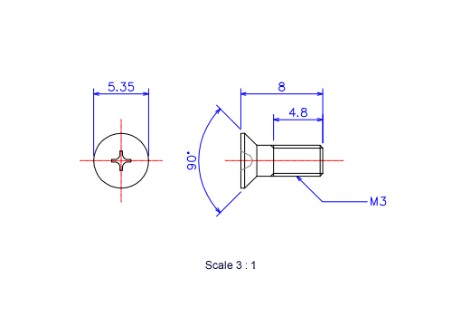 Drawing of Flat countersunk head ceramic screw M3x8L Metric.