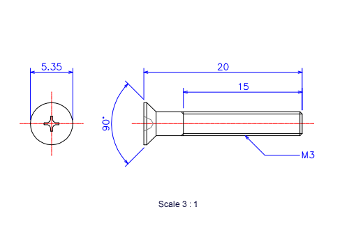Drawing of Flat countersunk head ceramic screw M3x10L Metric.