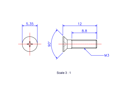 Drawing of Flat countersunk head ceramic screw M3x12L Metric.