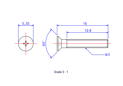 Drawing of Flat countersunk head ceramic screw M3x16L Metric.