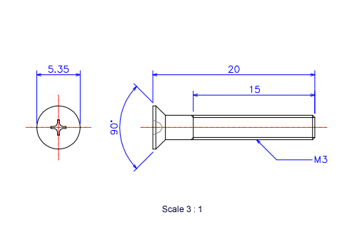 Drawing of Flat countersunk head ceramic screw M3x20L Metric.