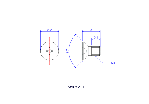 Drawing of Flat countersunk head ceramic screw M4x8L Metric.
