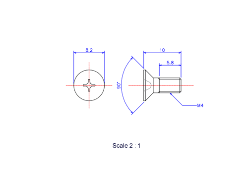 Drawing of Flat countersunk head ceramic screw M4x10L Metric.