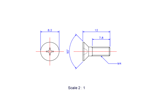 Drawing of Flat countersunk head ceramic screw M4x12L Metric.