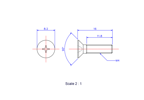 Drawing of Flat countersunk head ceramic screw M4x16L Metric.