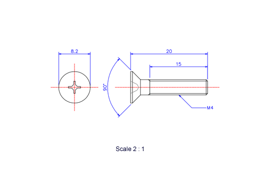 Drawing of Flat countersunk head ceramic screw M4x20L Metric.