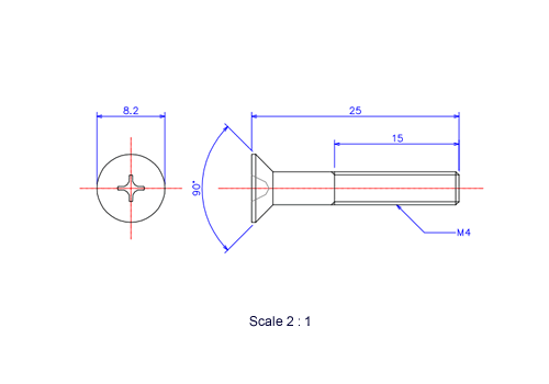 Drawing of Flat countersunk head ceramic screw M4x25L Metric.