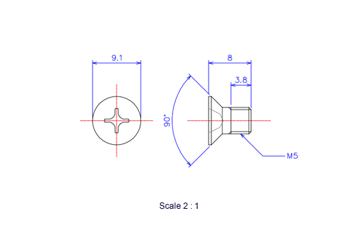 Drawing of Flat countersunk head ceramic screw M5x8L Metric.