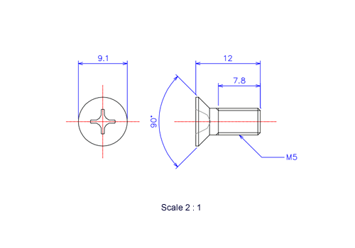 Drawing of Flat countersunk head ceramic screw M5x12L Metric.