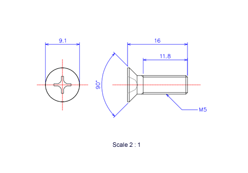 Drawing of Flat countersunk head ceramic screw M5x16L Metric.
