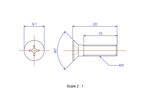 Drawing of Flat countersunk head ceramic screw M5x20L Metric.