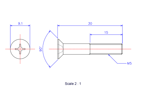 Drawing of Flat countersunk head ceramic screw M5x30L Metric.