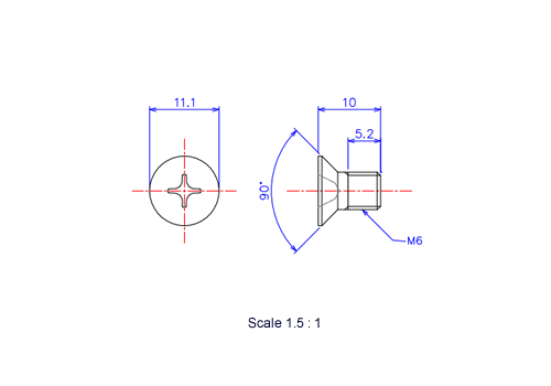 Drawing of Flat countersunk head ceramic screw M6x10L Metric.