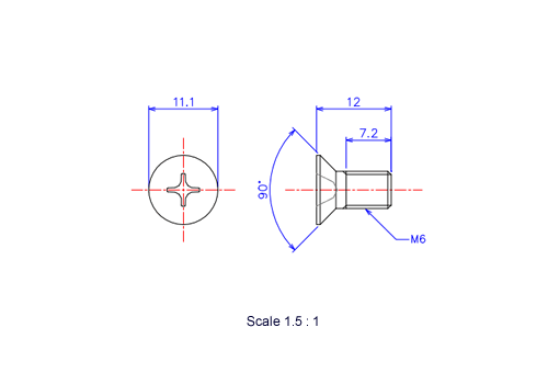 Drawing of Flat countersunk head ceramic screw M6x12L Metric.
