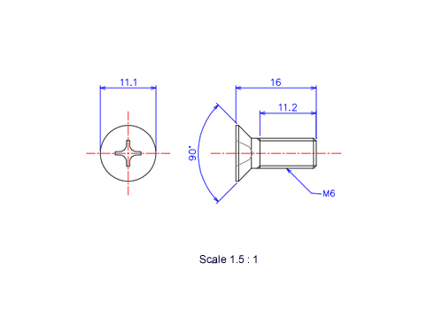 Drawing of Flat countersunk head ceramic screw M6x16L Metric.