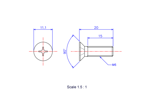 Drawing of Flat countersunk head ceramic screw M6x20L Metric.