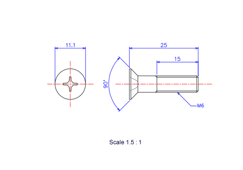 Drawing of Flat countersunk head ceramic screw M6x25L Metric.