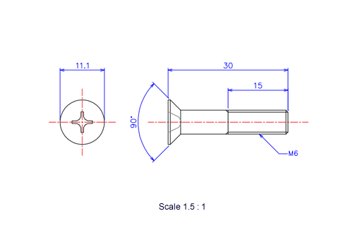 Drawing of Flat countersunk head ceramic screw M6x30L Metric.