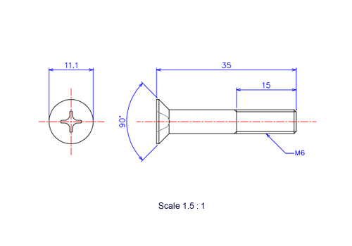 Drawing of Flat countersunk head ceramic screw M6x35L Metric.