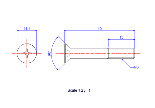 Drawing of Flat countersunk head ceramic screw M6x40L Metric.