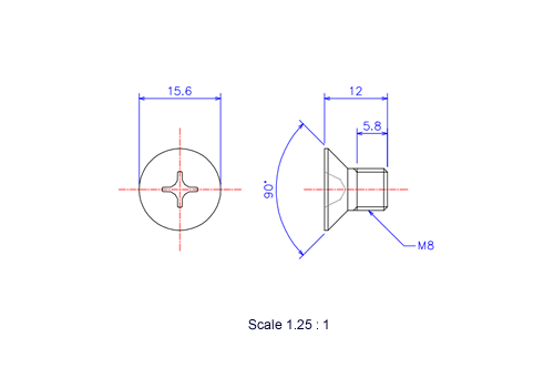 Drawing of Flat countersunk head ceramic screw M8x12L Metric.