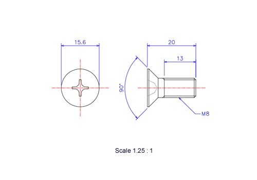 Drawing of Flat countersunk head ceramic screw M8x20L Metric.